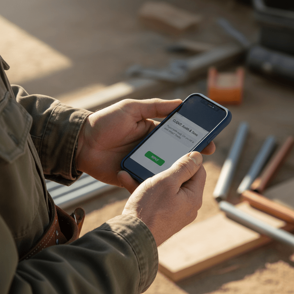 Contractor's hands holding smartphone displaying incoming text message notification in natural light