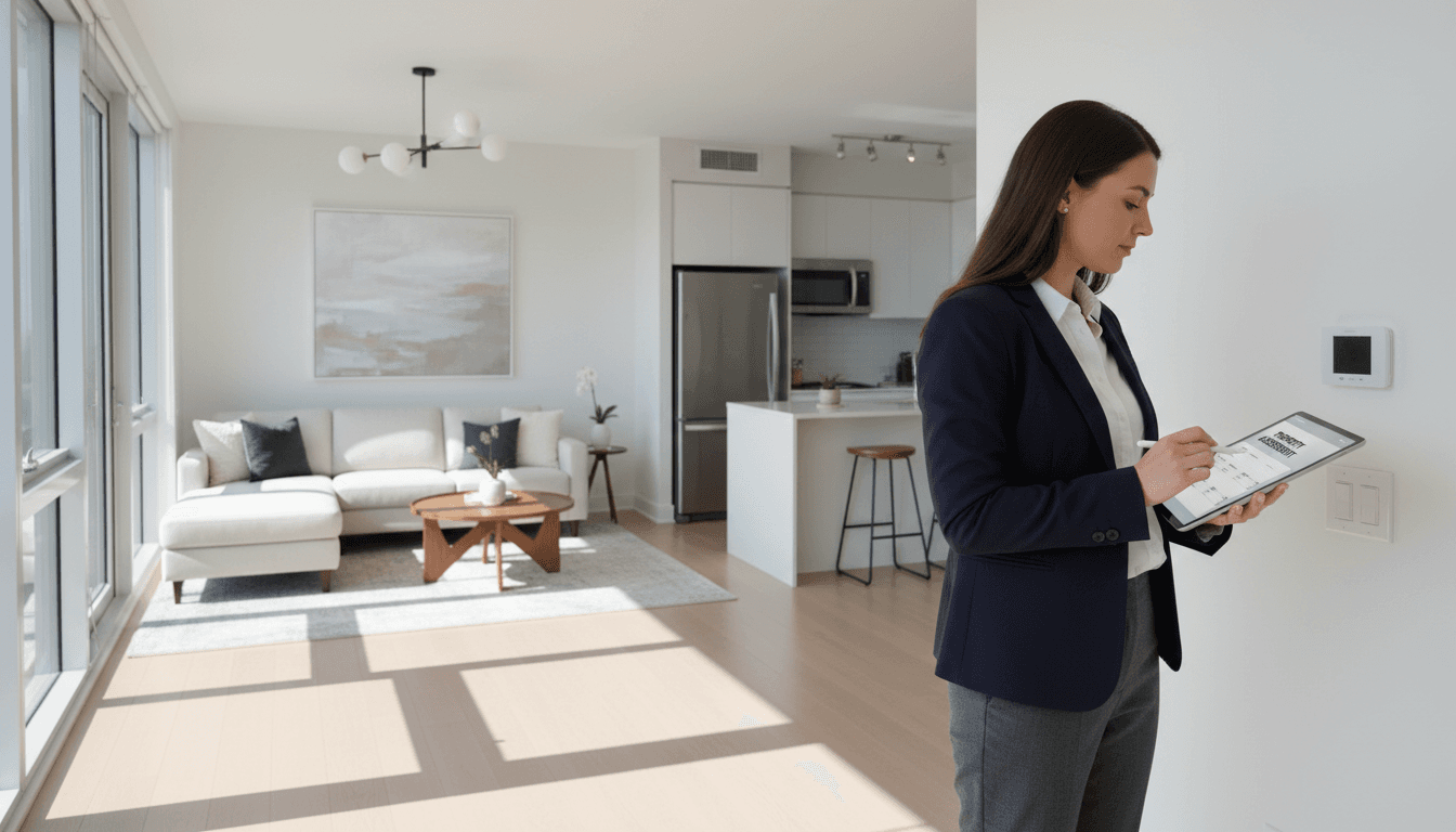 Property manager documenting apartment inspection with tablet and clipboard in well-lit residential living room