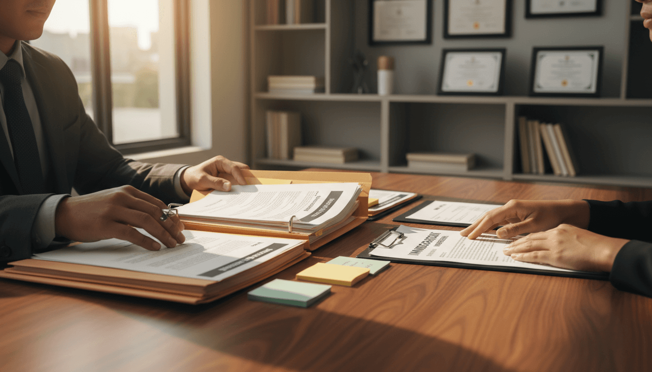Immigration attorney organizing case files and documents while consulting with a client across wooden desk in bright office setting