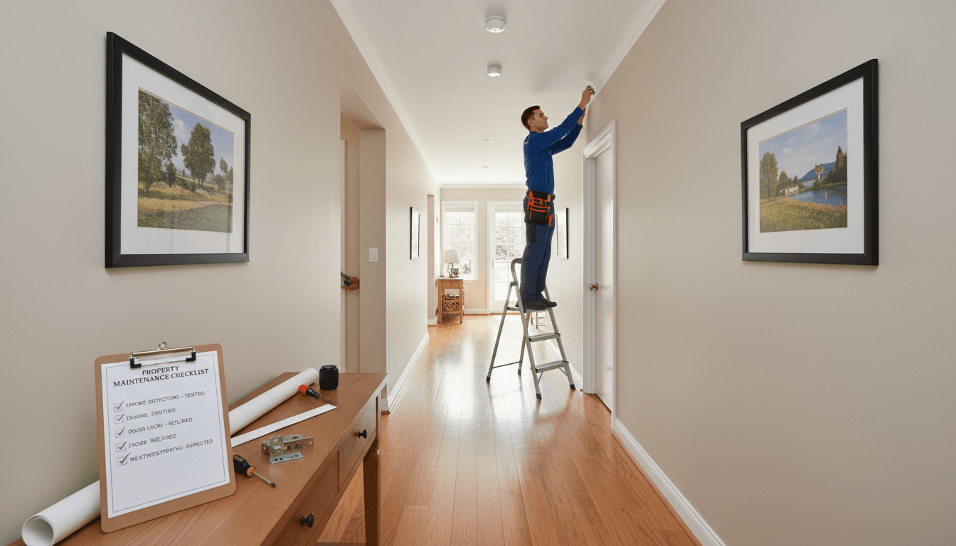 Technician performing systematic property maintenance inspecting smoke detector and checking locks in residential hallway