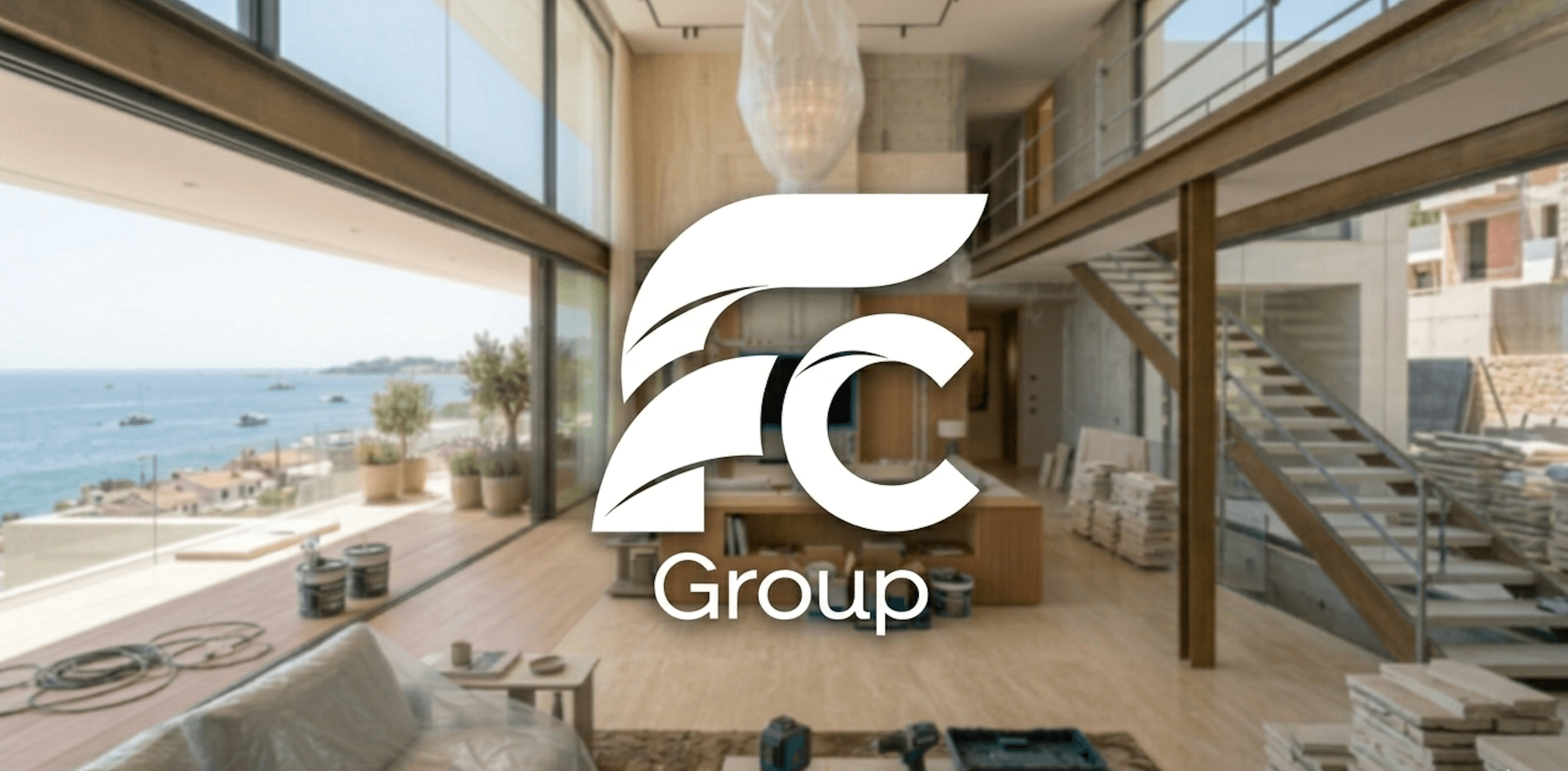FC Group logo overlaid on a modern villa interior under construction with ocean views.