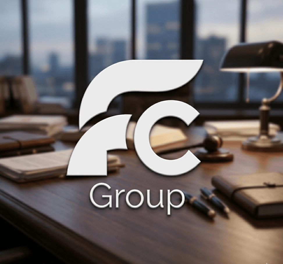 White FC Group logo overlaying a blurred office desk with pens, papers, and city view.
