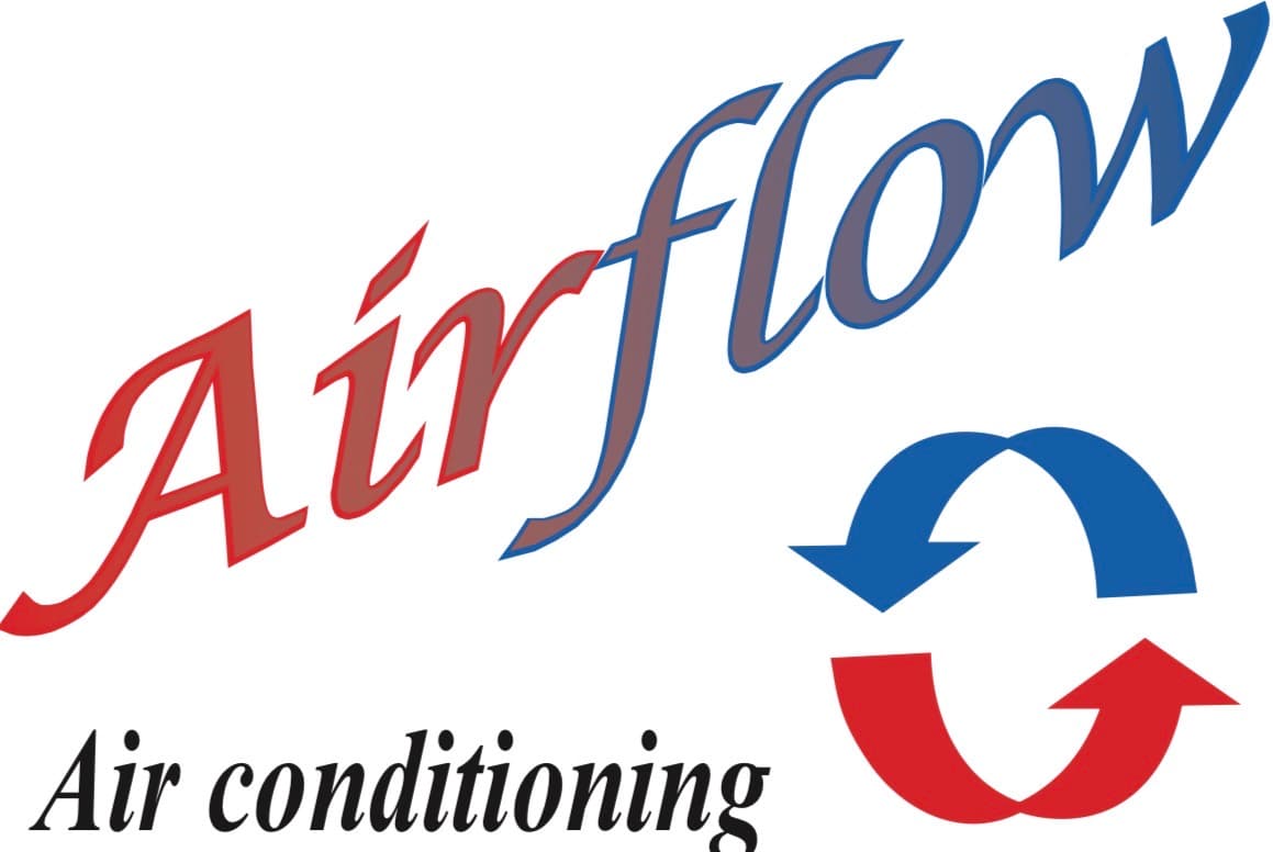 Stylized Airflow text in red and blue gradient above Air conditioning with circular arrows.