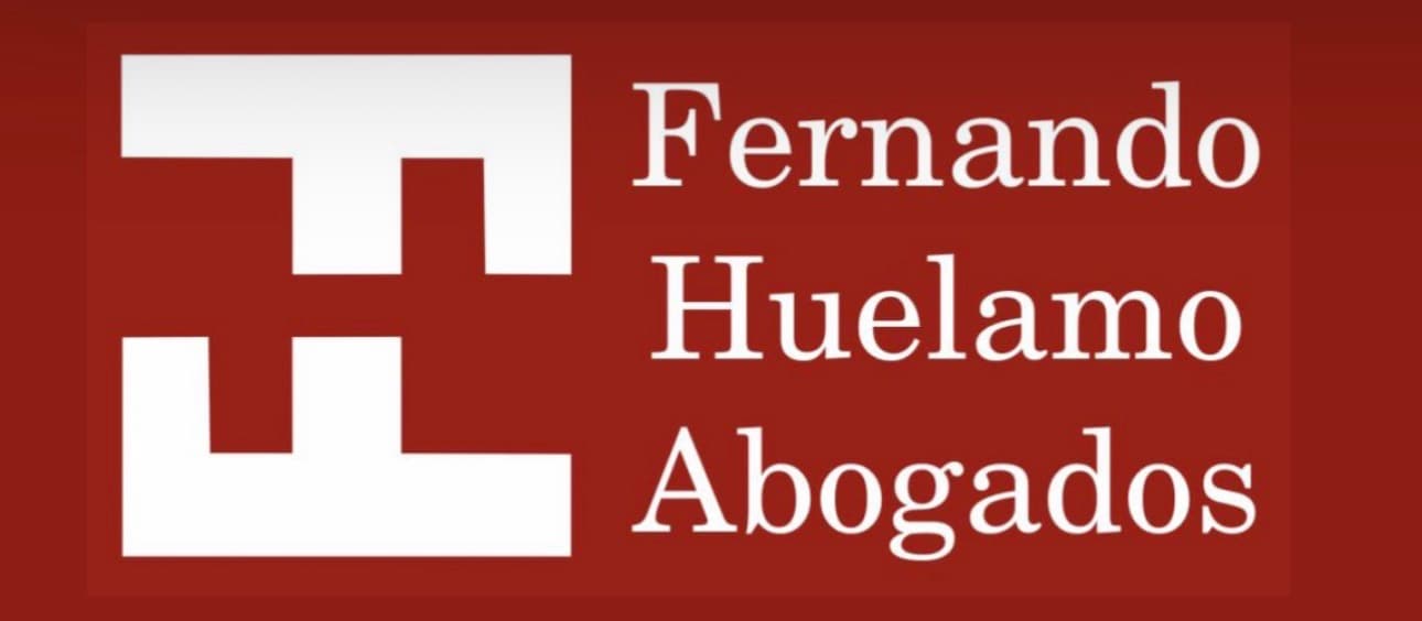 Fernando Huelamo Abogados logo featuring a white geometric monogram on a dark red background.